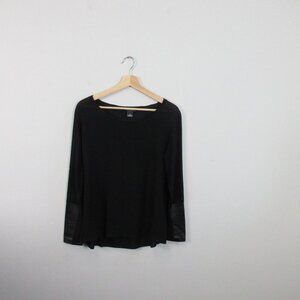 Club Monaco Silk Tunic Top Women S Black Boatneck Leather Sleeve Classy 94